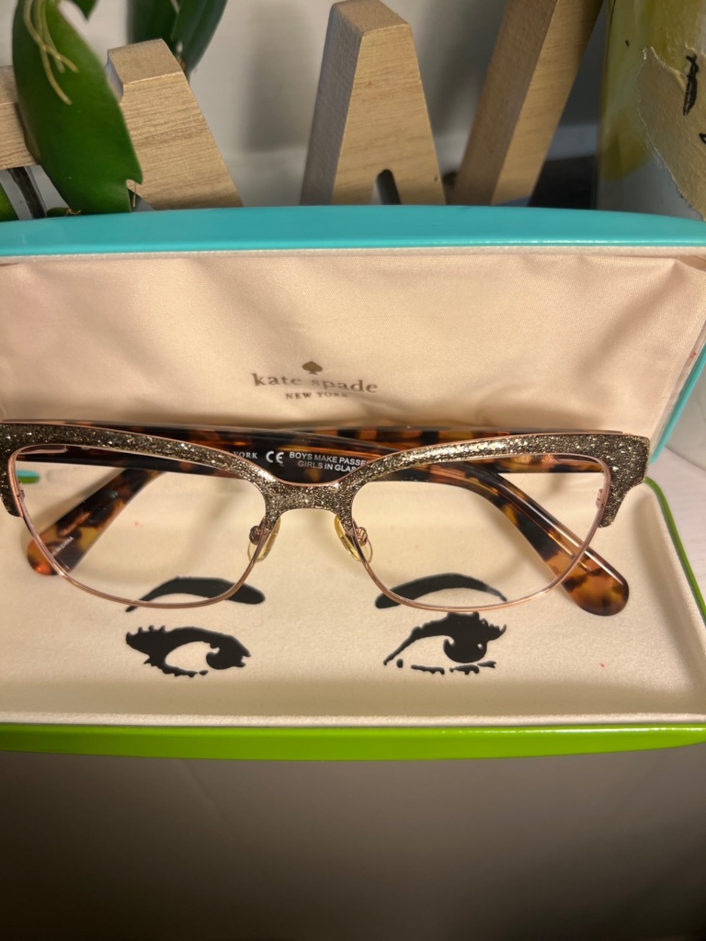 kate spade Ladonna Rose Gold Glitter Cat-Eye Glasses with Tortoiseshell Temples